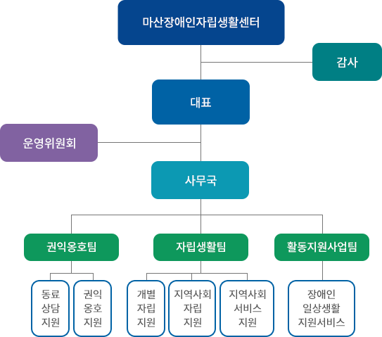 마산장애인자립생활센터 밑에 대표가 있고 대표 아래에 장애인활동지원사업을 하는 운영위원회와 권익옹호, 자립지원, 활동지원을 하는 사무국과 이를 감사하는 감사팀이 있습니다.